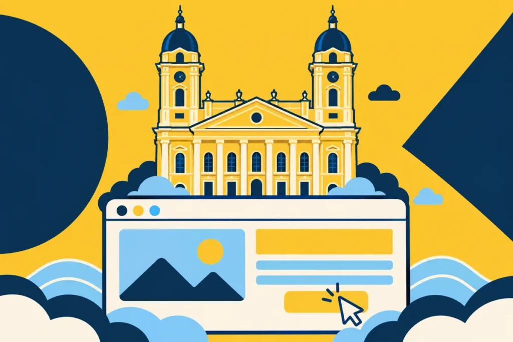 CívisHonlap: weboldal készítés Debrecenben – a Nagytemplom egy weboldal-ablakból emelkedik ki